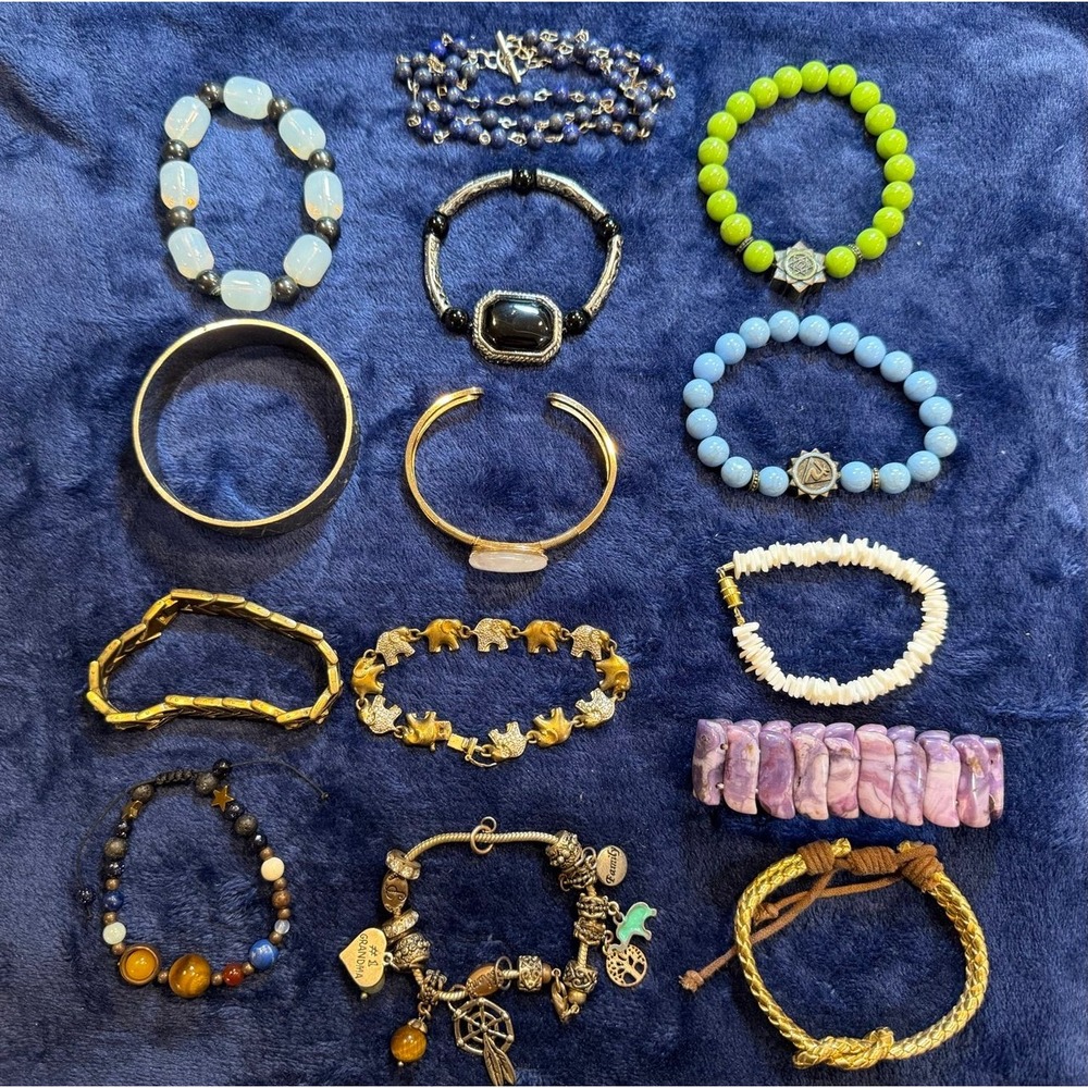 Mixed Lot 14 Bracelets Beaded Charm Cuff Bangle Elephant Shell Stone Gold Silver